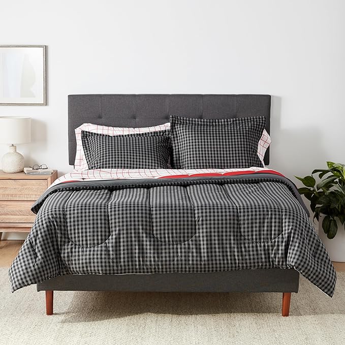 Amazon Basics Lightweight Microfiber Bed-in-a-Bag Comforter 7-Piece Bedding Set, Full/Queen, Red Simple Stripe, Plaid, Striped - LeafyLoom