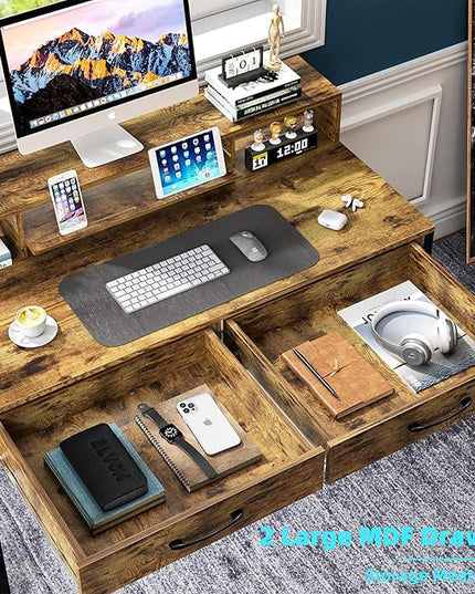 Computer Desk with Drawers, 47" Home Office Desk with Monitor Shelf, Writing Desk with Storage, Gaming Desk Work Desk Study Desk for Bedroom, Rustic Brown - LeafyLoom