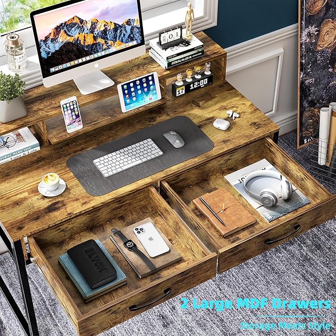 Computer Desk with Drawers, 47" Home Office Desk with Monitor Shelf, Writing Desk with Storage, Gaming Desk Work Desk Study Desk for Bedroom, Rustic Brown - LeafyLoom