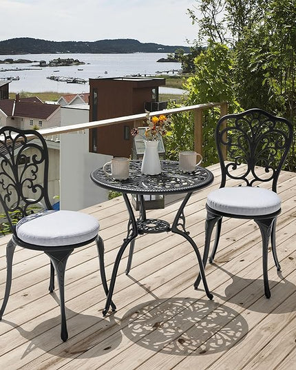 NUU GARDEN Bistro Set 3 Piece Outdoor All Weather Cast Aluminum Patio Bistro Set Patio Table and Chairs Set of 2 with Umbrella Hole and Gray Cushions for Backyard, Balcony, Lawn, Black - LeafyLoom
