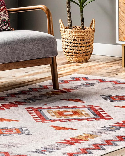 nuLOOM Jayde Machine Washable Southwestern Diamond Ultra Thin Area Rug, 4x6, Beige - LeafyLoom
