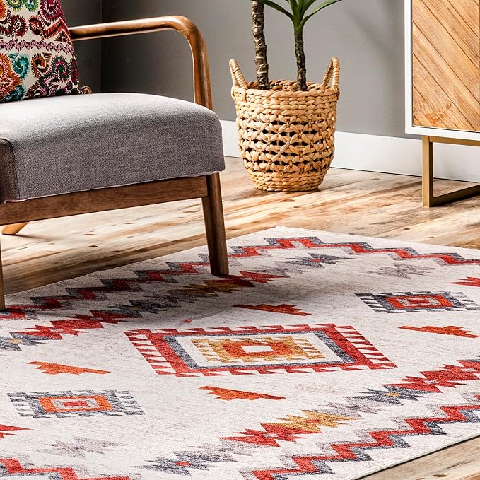 nuLOOM Jayde Machine Washable Southwestern Diamond Ultra Thin Area Rug, 5' x 8', Beige - LeafyLoom