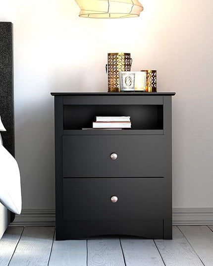 Prepac's Fremont 2 Drawer Nightstand: Elegant Bedroom Furniture, Bedside Table with Open Shelf, 23.25"W x 16"D x 28"H, Black - BDC-2428 - LeafyLoom