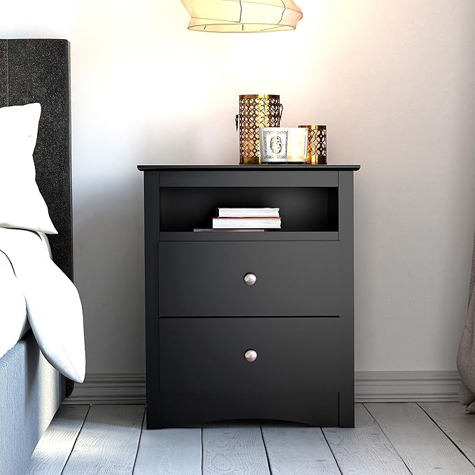 Prepac's Fremont 2 Drawer Nightstand: Elegant Bedroom Furniture, Bedside Table with Open Shelf, 23.25"W x 16"D x 28"H, Black - BDC-2428 - LeafyLoom