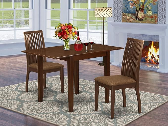 East West Furniture NDIP3-MAH-C Norden 3 Piece Set Contains a Rectangle Dining Room Table with Dropleaf and 2 Linen Fabric Upholstered Chairs, 30x48 Inch, Mahogany - LeafyLoom