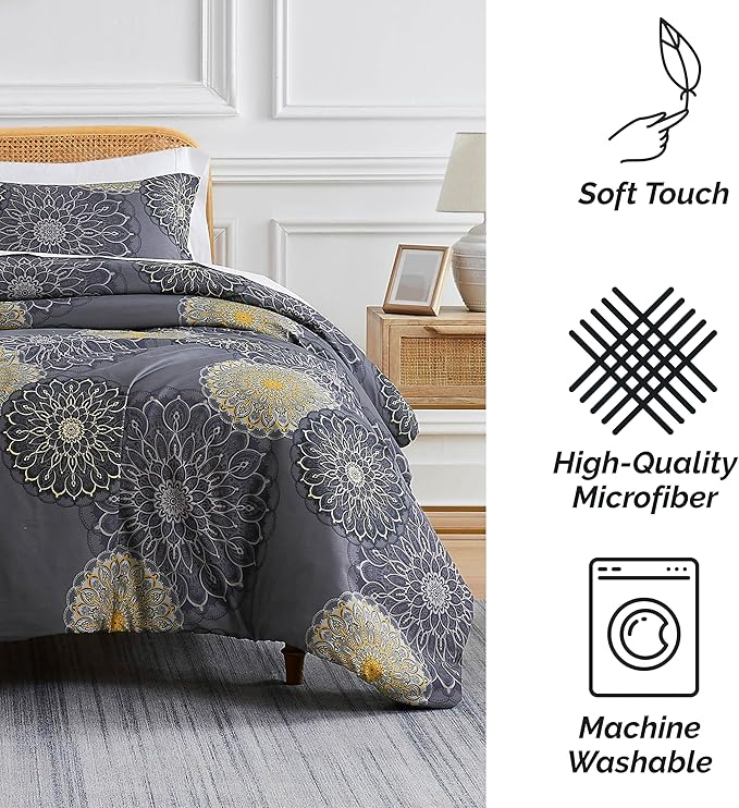 Southshore Fine Living, Inc. Oversized Full/Queen Comforter Bedding Set, Down Alternative Boho Bedspread, Paisley Floral Comforter, Full Size/Queen with 2 Matching Shams, Midnight Floral Black - LeafyLoom