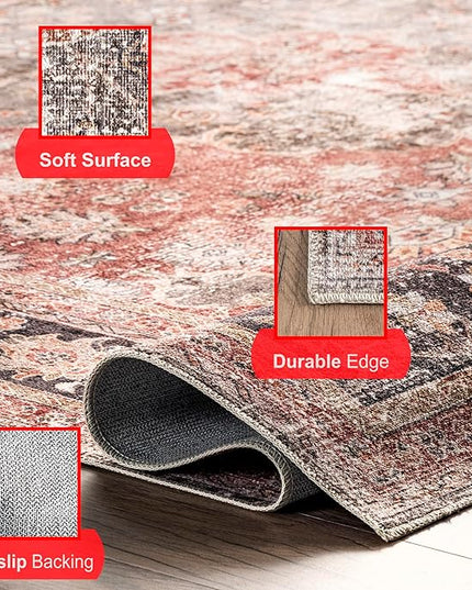 nuLOOM Emelina Traditional Persian Machine Washable Ultra Thin Area Rug, 8' x 10', Red - LeafyLoom