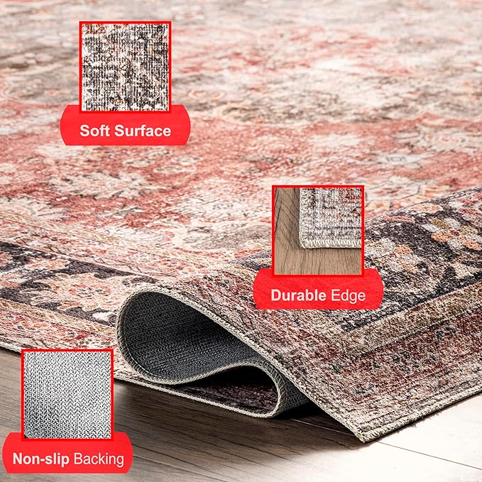nuLOOM Emelina Traditional Persian Machine Washable Ultra Thin Area Rug, 8' x 10', Red - LeafyLoom