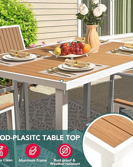 Pamapic 8-Piece Patio Dining Set，Outdoor Aluminum Furniture Set with Plastic-Wood Table Top,Outdoor Furniture Set with 6 Outdoor Stackable Chairs for Patio Garden Poolside (White) - LeafyLoom