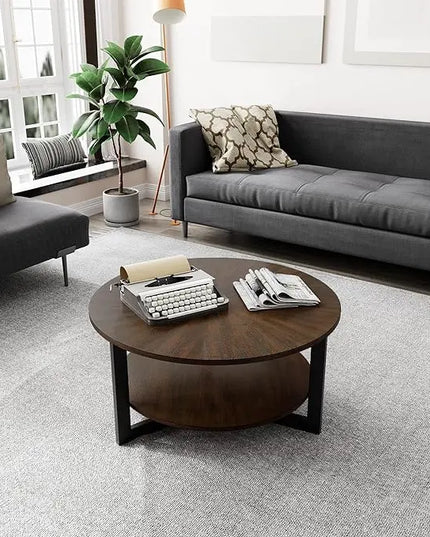 MODERION Round Coffee Table with Storage Shelf, Farmhouse Living Room Cocktail Black Metal Legs, Circular Solid Wood Center Tea Table, Sofa 35.3-''Dx17.8-''H, Natural Brown KFZ1338NC - LeafyLoom