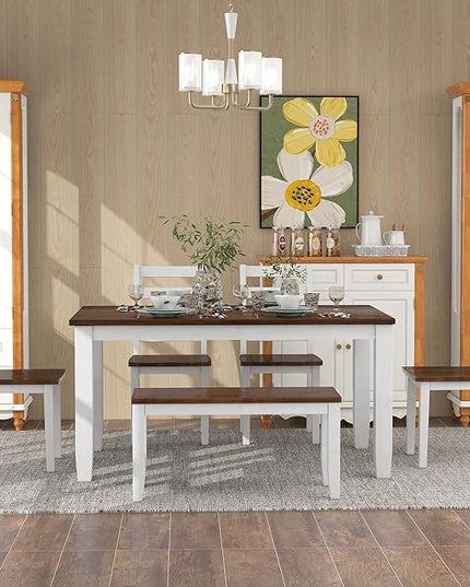 RITSU Retro Rustic Style 6 Piece Set, Including 4 Upholstered Chairs, 1 Table and a Bench, for Dining Room, Home Bar, and Kitchen,Walnut + Cottage White - LeafyLoom