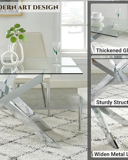 Edwin's Choice 58.5” Rectangle Glass Dining Table, Tempered Glass Tabletop and Metal Tubular Legs, Modern Style Table for Home, Kitchen, Dining Room 58.5”Lx29”Wx30”H, Silver - LeafyLoom