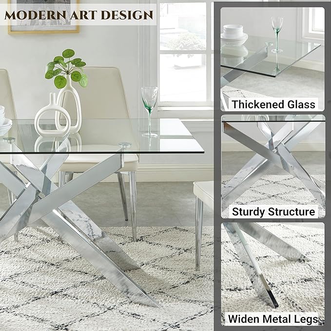 Edwin's Choice 58.5” Rectangle Glass Dining Table, Tempered Glass Tabletop and Metal Tubular Legs, Modern Style Table for Home, Kitchen, Dining Room 58.5”Lx29”Wx30”H, Silver - LeafyLoom