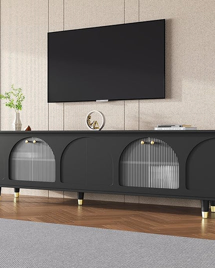 Merax Contemporary TV Stand with Adjustable Shelves, Gold Handles and Arch Fluted Glass Doors for Televisions Up to 78'', Stylish Media Console, Delicate Entertainment Center for Living Room, Black - LeafyLoom