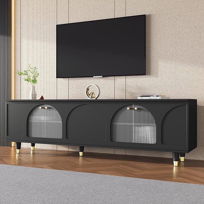 Merax Contemporary TV Stand with Adjustable Shelves, Gold Handles and Arch Fluted Glass Doors for Televisions Up to 78'', Stylish Media Console, Delicate Entertainment Center for Living Room, Black - LeafyLoom