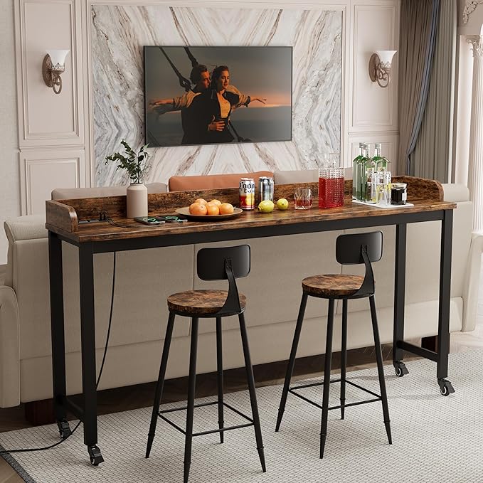 70.8" Standing Desk with Charging Station, Extra Long Desk on Wheels for Standing and Sitting, Sofa Table Behind Couch with Power Outlets and USB Ports, Easy Assembly, Walnut - LeafyLoom