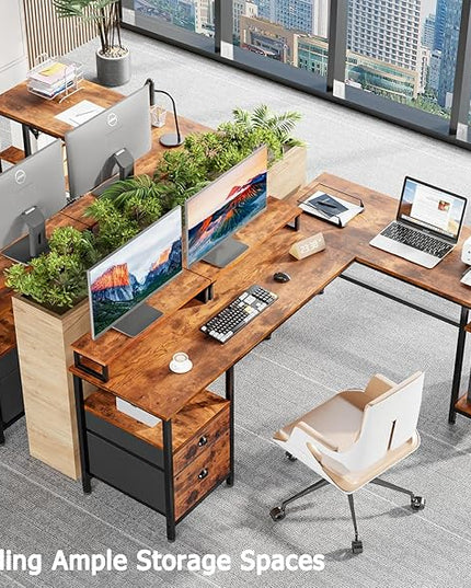 Furologee 66" L Shaped Computer Desk with Shelves, Reversible Corner Gaming Desk with File Drawer and Dual Monitor Stand, Large Home Office Desk Writing Study Table Workstation, Rustic Brown - LeafyLoom