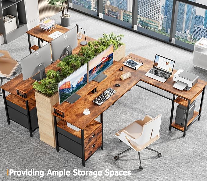 Furologee 66" L Shaped Computer Desk with Shelves, Reversible Corner Gaming Desk with File Drawer and Dual Monitor Stand, Large Home Office Desk Writing Study Table Workstation, Rustic Brown - LeafyLoom