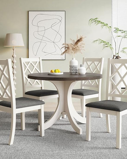 Mid-Century Style Round 4 Upholstered Chairs, Long-Lasting Solid Wood, Easy Clean & Assembly, Room, Kitchen, Small Place, 5 Piece Dining Table Set, Brown 30 - LeafyLoom