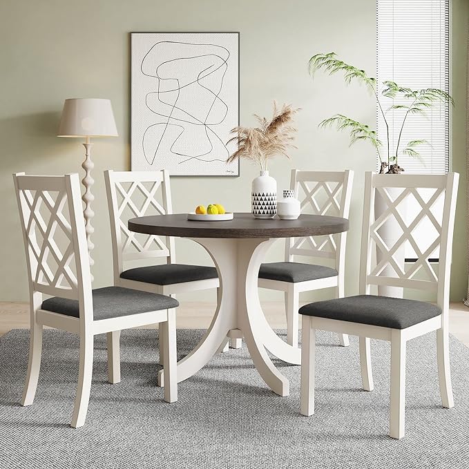 Mid-Century Style Round 4 Upholstered Chairs, Long-Lasting Solid Wood, Easy Clean & Assembly, Room, Kitchen, Small Place, 5 Piece Dining Table Set, Brown 30 - LeafyLoom