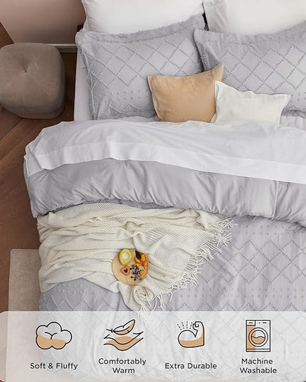 Bedsure Queen Comforter Set - Light Grey Comforter, Boho Tufted Shabby Chic Bedding Comforter Set, 3 Pieces Vintage Farmhouse Bed Set for All Seasons, Fluffy Soft Bedding Set with 2 Pillow Shams - LeafyLoom