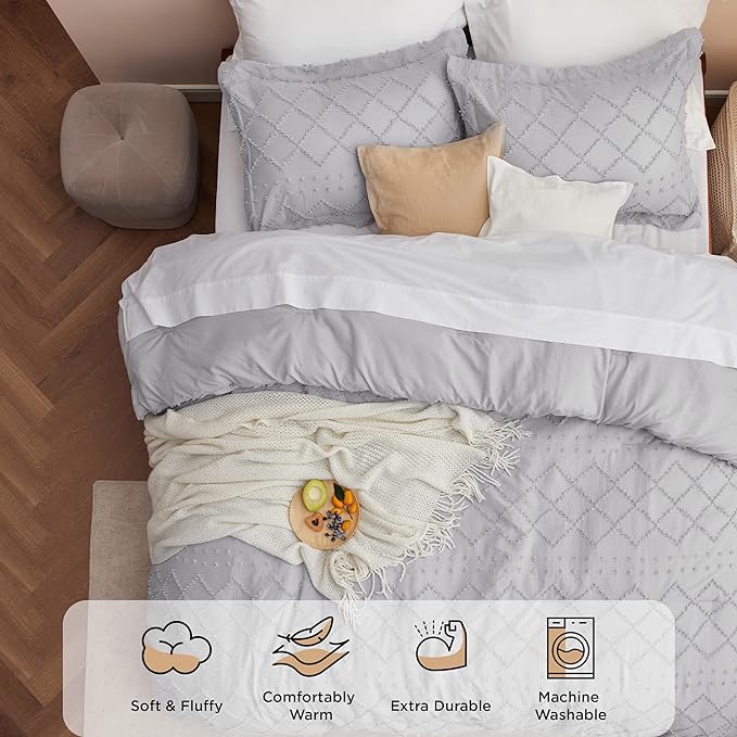 Bedsure King Size Comforter Set - Light Grey Comforter, Boho Tufted Shabby Chic Bedding Comforter Set, 3 Pieces Farmhouse Bed Set for All Seasons, Fluffy Soft Bedding Set with 2 Pillow Shams - LeafyLoom