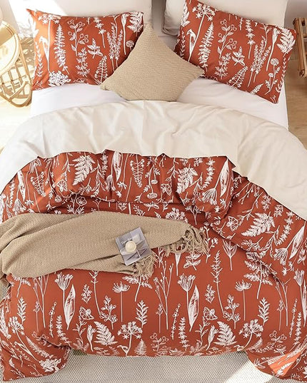 JANZAA Bedding Floral Terracotta Comforter Set Full Size Bed Set with 2 Pillow Cases for All Seasons - LeafyLoom