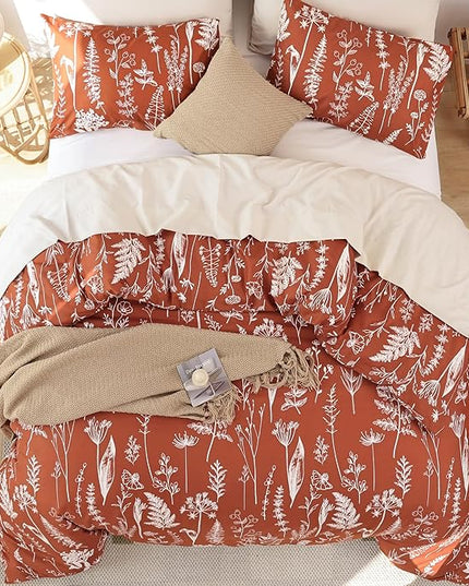 JANZAA 3PCS King Comforter Terracotta Comforter Set Floral Comforter Set White Flower Printed Bedding Set with 2 Pillow Cases for All Season Using - LeafyLoom