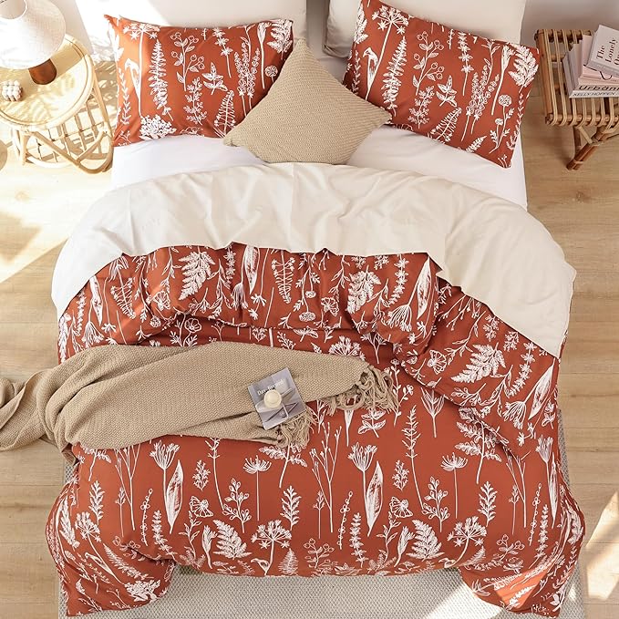 JANZAA 3PCS King Comforter Terracotta Comforter Set Floral Comforter Set White Flower Printed Bedding Set with 2 Pillow Cases for All Season Using - LeafyLoom