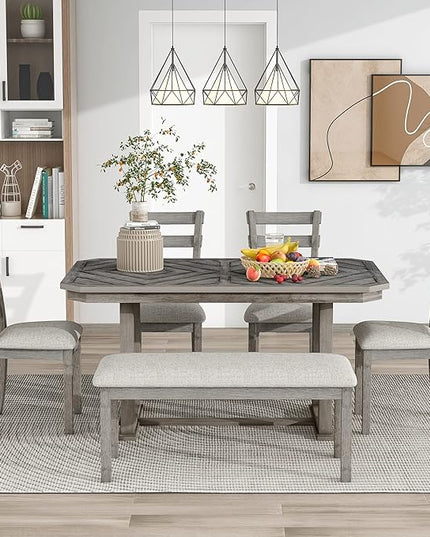 Dining Table Set for 6, 6-Piece Rubber Wood Dining Table Set with Beautiful Wood Grain Pattern Tabletop and Soft Cushion, Dining Room Table Set for Living Room, Kitchen, Antique Grey - LeafyLoom