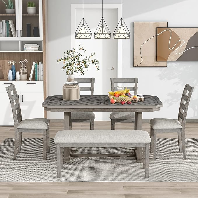 Rubber Wood Dining Table Set with Grain Pattern Tabletop and Soft Cushion for Family Kitchen, Gray - LeafyLoom
