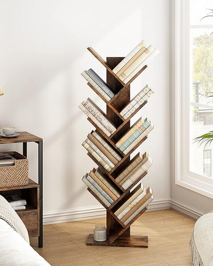 Hoctieon 10 Tier Tree Bookshelf, 10 Shelf Bookcase, Free Standing Tree Bookcase, Display Floor Standing Shelf for Books, Book Shelf Organizer, Rustic Brown - LeafyLoom