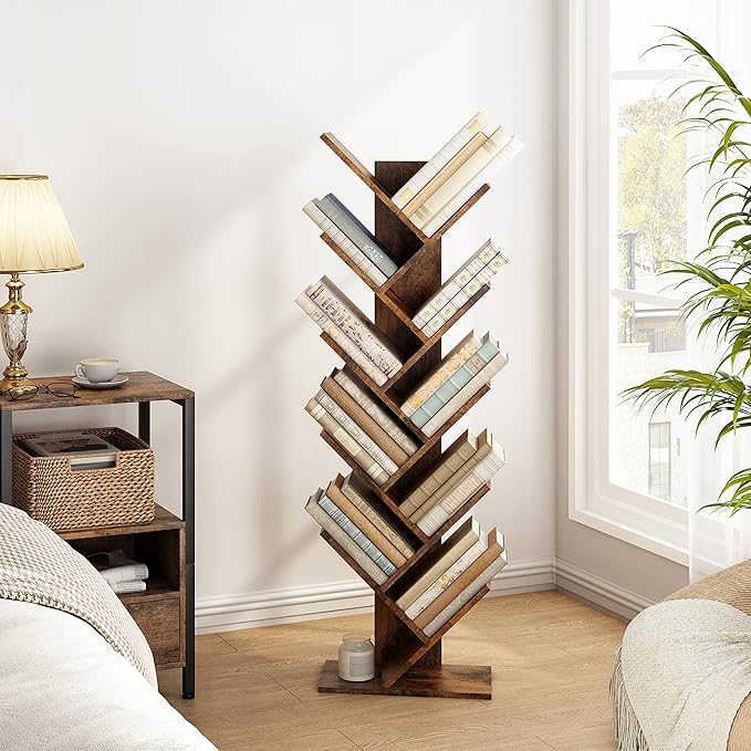 Hoctieon 10 Tier Tree Bookshelf, 10 Shelf Bookcase, Free Standing Tree Bookcase, Display Floor Standing Shelf for Books, Book Shelf Organizer, Rustic Brown - LeafyLoom
