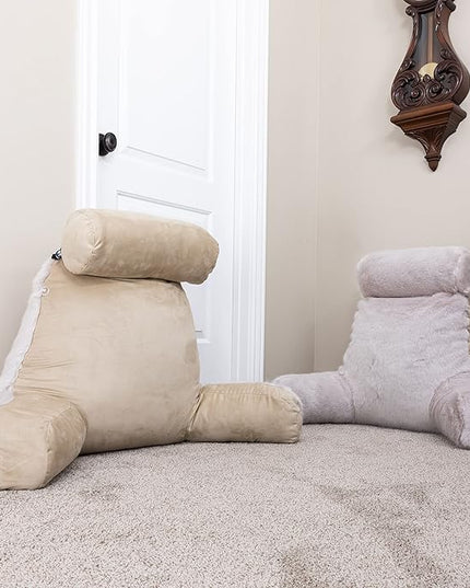 Husband Pillow XXL Baby Golden Wolf Fabulous Faux Fur Backrest, Two-Tone Reversible Double Sided Reading & Bed Rest Pillow with Arms & Neck Roll, Adjustable Memory Foam - Sit Up Extremely Comfy - LeafyLoom