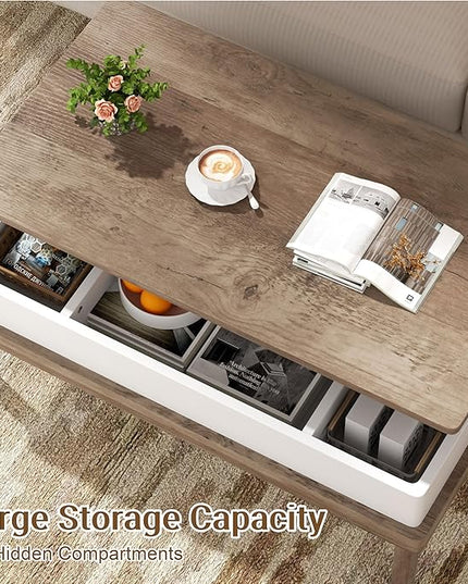 Shintenchi Coffee Table, Lift Top Coffee Table with Hidden Compartment, Rising Tabletop Dining Table, Lift Top Coffee Center Table for for Living Room, Office, Home (Ivory) - LeafyLoom