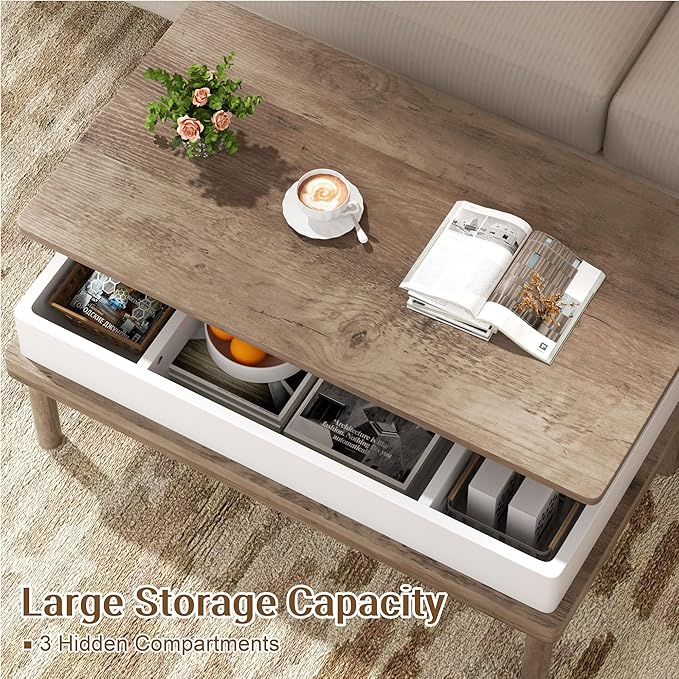 Shintenchi Coffee Table, Lift Top Coffee Table with Hidden Compartment, Rising Tabletop Dining Table, Lift Top Coffee Center Table for for Living Room, Office, Home (Ivory) - LeafyLoom