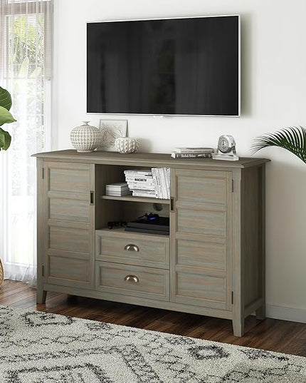 SIMPLIHOME Burlington SOLID WOOD Universal TV Media Stand, 54 inch Wide, Transitional, Living Room Entertainment Center, Storage Shelves and Cabinets, for TVs up to 60 inches in Distressed Grey - LeafyLoom