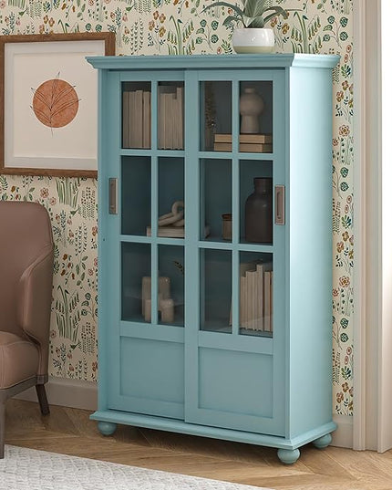 Ameriwood Home Aaron Lane Bookcase with Sliding Glass Doors, Pale Blue - LeafyLoom