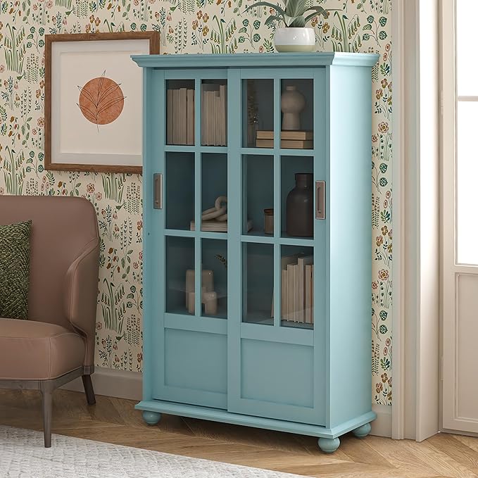 Ameriwood Home Aaron Lane Bookcase with Sliding Glass Doors, Pale Blue - LeafyLoom
