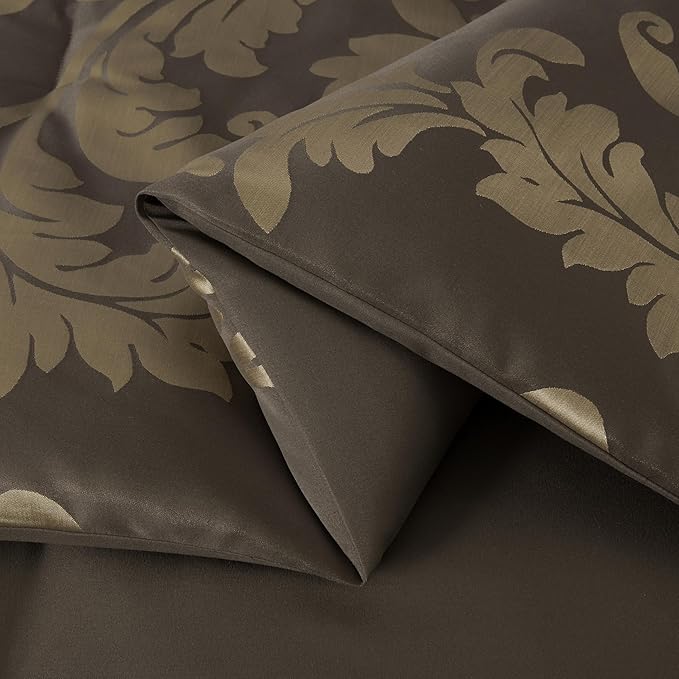 Chezmoi Collection 7-Piece Jacquard Floral Comforter Set (Queen, Coffee/Gold) - LeafyLoom