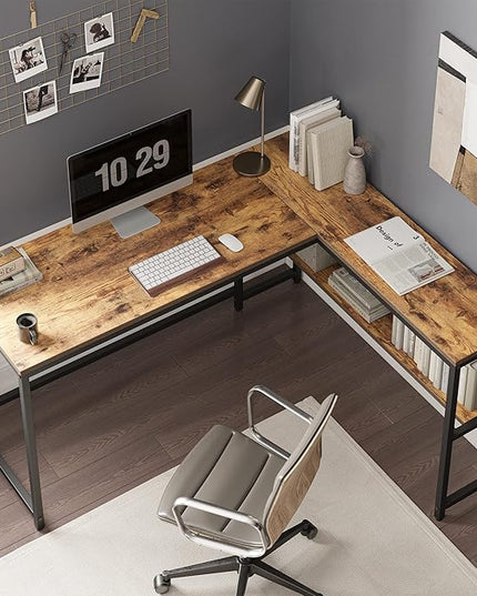 CubiCubi L Shaped Desk, 55.1 inch Corner Computer Desk with Storage Shelves, Home Office Desk with Bookshelf for Writing Gaming Study, Rustic Brown - LeafyLoom
