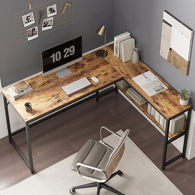 CubiCubi L Shaped Desk, 55.1 inch Corner Computer Desk with Storage Shelves, Home Office Desk with Bookshelf for Writing Gaming Study, Rustic Brown - LeafyLoom