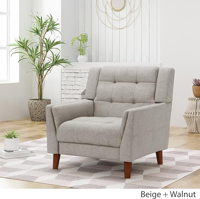 Christopher Knight Home Evelyn Mid Century Modern Fabric Arm Chair, Beige & Walnut - LeafyLoom