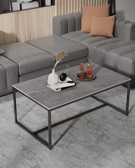 Wisfor Sintered Stone Coffee Table: Grey Sofa Center Table with Black Metal Frame - Rectangular Furniture Decor Table for Living Room, 39.4x23.6x15.7 Inch - LeafyLoom