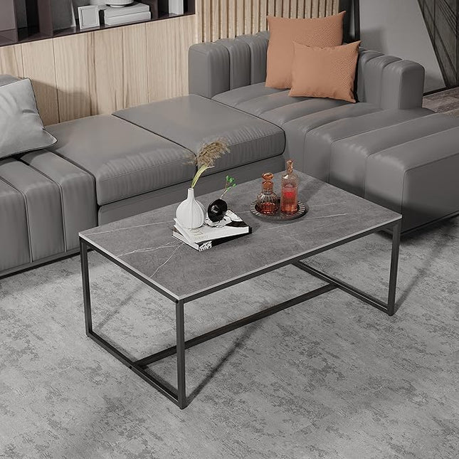 Wisfor Sintered Stone Coffee Table: Grey Sofa Center Table with Black Metal Frame - Rectangular Furniture Decor Table for Living Room, 39.4x23.6x15.7 Inch - LeafyLoom