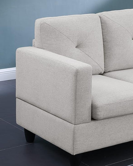 LOVMOR Living Room Reversible Sectional Sofa with Dropdown Armrest, Cupholder, Ottoman and Storage Chaise, Linen Couch for Home Furniture, Apartment, Dorm, Santiago Light Gray, 96 Inch - LeafyLoom