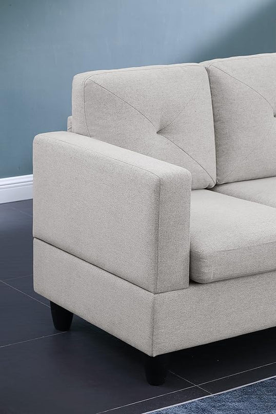 LOVMOR Living Room Reversible Sectional Sofa with Dropdown Armrest, Cupholder, Ottoman and Storage Chaise, Linen Couch for Home Furniture, Apartment, Dorm, Santiago Light Gray, 96 Inch - LeafyLoom