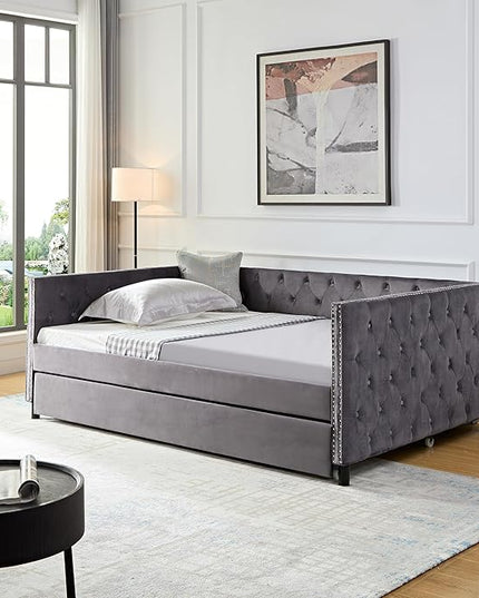 Full Size Velvet Upholstered Daybed with Trundle, Solid Wood Sofa Bed w/Button Tufted Backrest, for Living Room, Bedroom, Dorm, No Box Spring Needed, Space-Saving Design, Grey - LeafyLoom