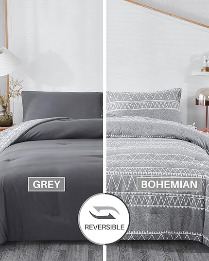 Boho Grey Stirped Comforter Set Queen for Kids Adult, 3 PCS Reversible Bedding Set Gray Comforter with 2 Pillow Shams, Lightweight Breathable for All Seasons(Queen,90x90inches) - LeafyLoom
