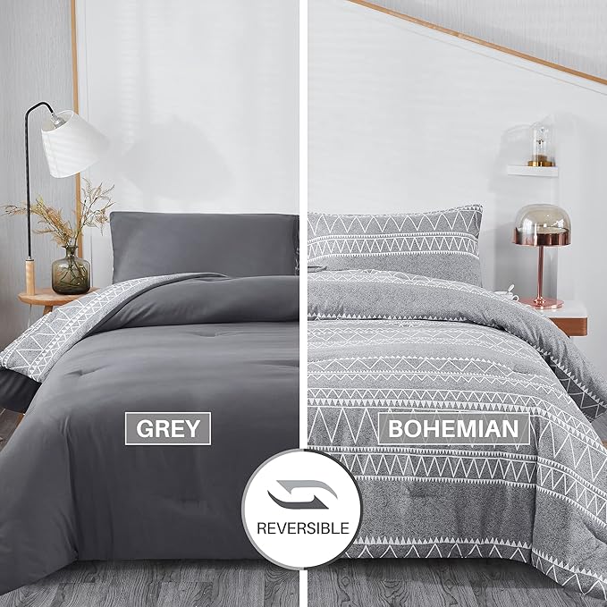 Boho Grey Stirped Comforter Set Twin for Kids Adult, 2 PCS Reversible Bedding Set Gray Comforter with 1 Pillow Sham, Lightweight Breathable for All Seasons(Twin,66x90inches) - LeafyLoom